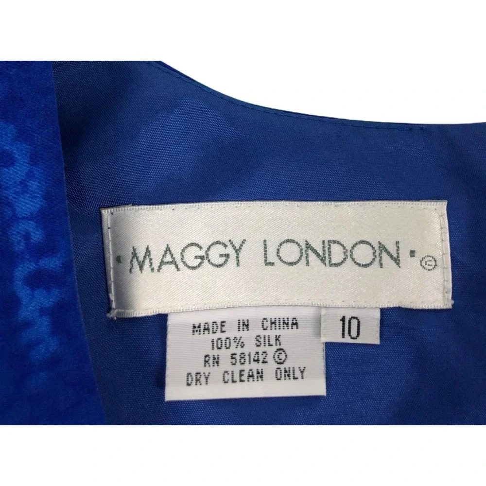 Maggy London Womens 10 Dress 100% Silk Blue Floral Vintage Shoulder Pads EUC